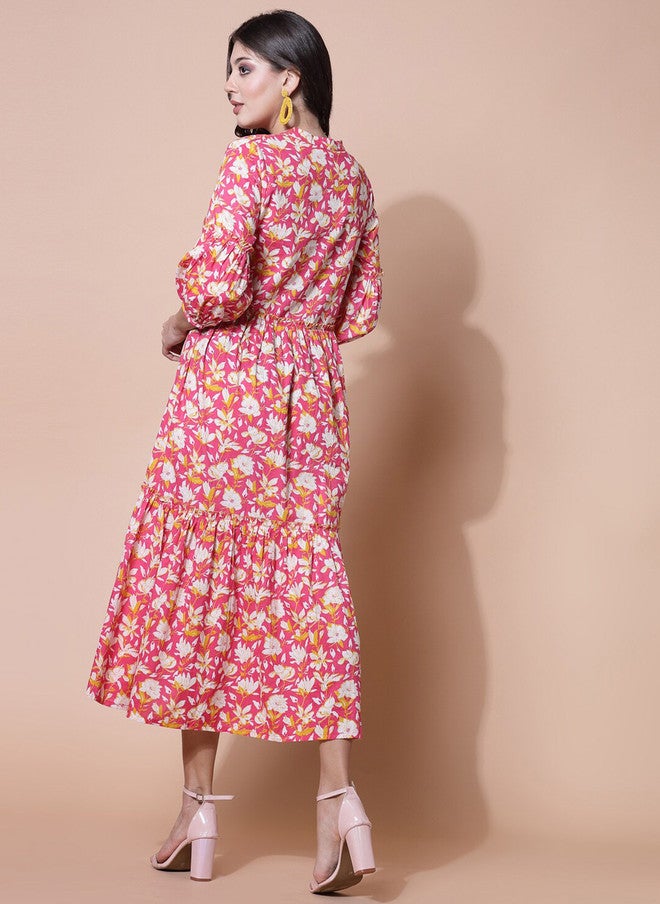 LARGISH Floral Printed Mandarin Collar Puff Sleeves Tiered Cotton Fit & Flare Midi Dress - Image 5
