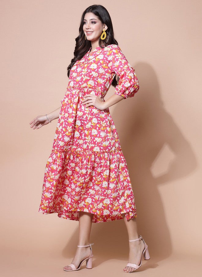 LARGISH Floral Printed Mandarin Collar Puff Sleeves Tiered Cotton Fit & Flare Midi Dress - Image 4