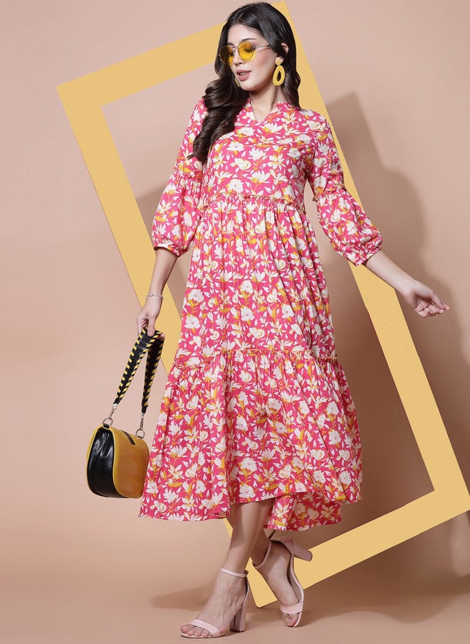 LARGISH Floral Printed Mandarin Collar Puff Sleeves Tiered Cotton Fit & Flare Midi Dress - Image 1