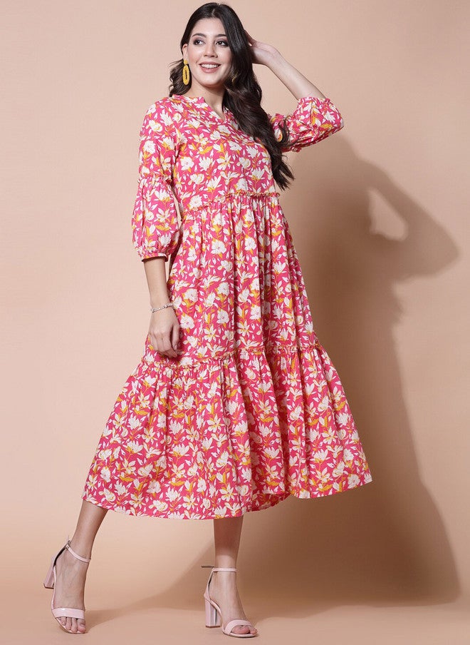 LARGISH Floral Printed Mandarin Collar Puff Sleeves Tiered Cotton Fit & Flare Midi Dress - Image 3