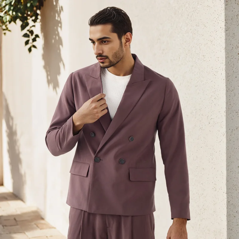 Iconic Textured Double Breasted Blazer with Long Sleeves