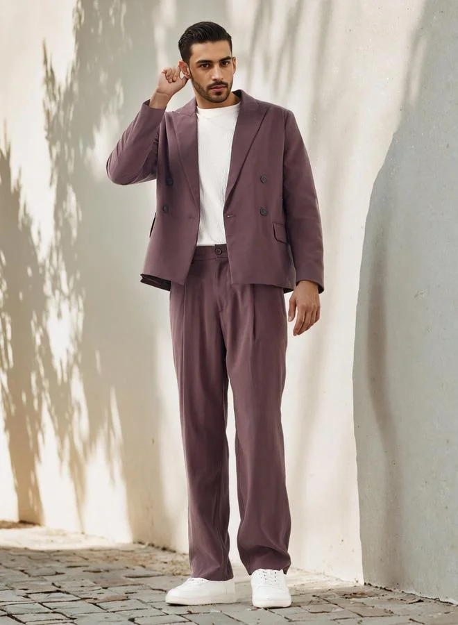 Iconic Iconic Textured Double Breasted Blazer with Long Sleeves