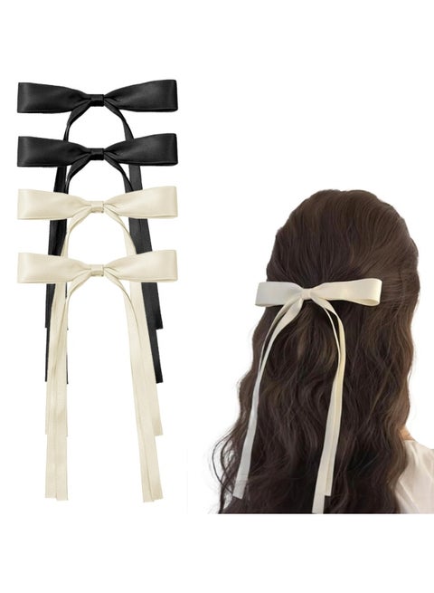 Hair Bows Clips,Women Hair Polyester Ribbon Bowknot with Long Tail Christmas Hair Bows,4 pcs（black、cream）