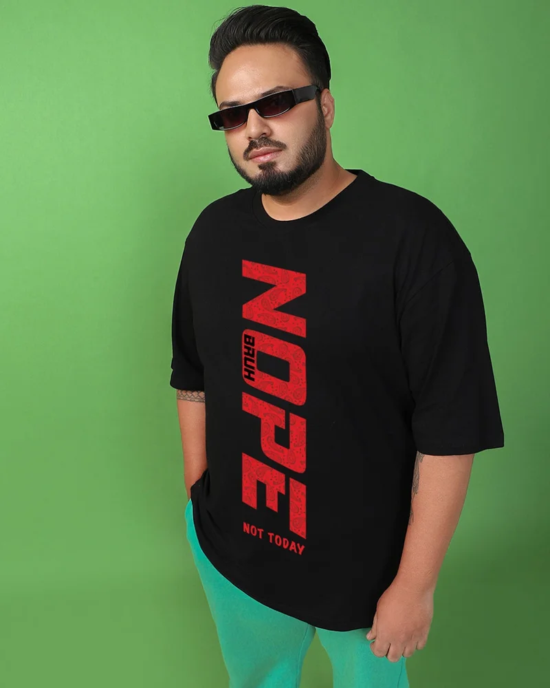 bewakoof Men's Jet Black Nope Bruh Typography Oversized Plus Size T-shirt