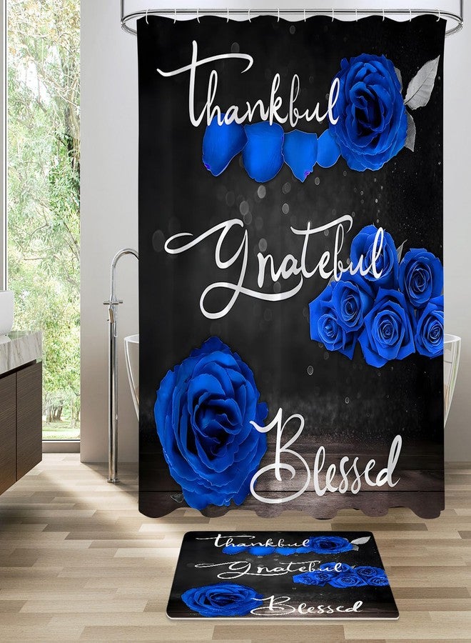Litabel 4 Pcs RoyalBlue Rose Shower Curtain Set with Non-Slip Rugs, Toilet Lid Cover and Bath Mat, Thankful Grateful Blessed Romantic Elegant Floral Bathroom Decor Set with Shower Curtain and Rugs - Image 3
