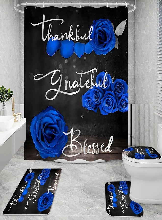 Litabel 4 Pcs RoyalBlue Rose Shower Curtain Set with Non-Slip Rugs, Toilet Lid Cover and Bath Mat, Thankful Grateful Blessed Romantic Elegant Floral Bathroom Decor Set with Shower Curtain and Rugs - Image 2
