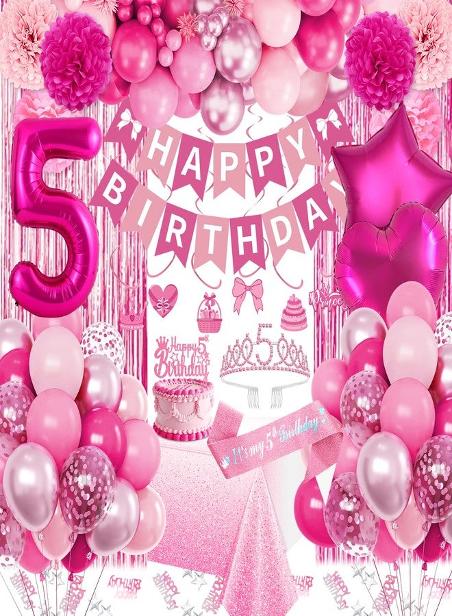 Fantspati 5th Birthday Decorations Girl, Pink Party Decorations with Number 5 Balloon Happy Birthday Banner Bday Sash Crown Tablecloth Fringe Curtain Hanging Swirl for 5 Year Old Girl Bday Decor - Image 1