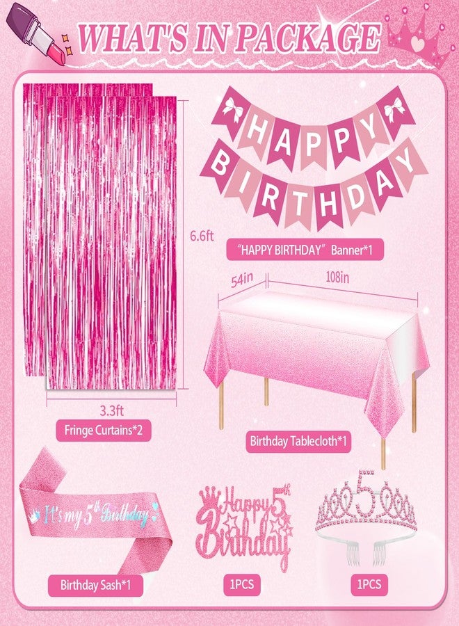 Fantspati 5th Birthday Decorations Girl, Pink Party Decorations with Number 5 Balloon Happy Birthday Banner Bday Sash Crown Tablecloth Fringe Curtain Hanging Swirl for 5 Year Old Girl Bday Decor - Image 2