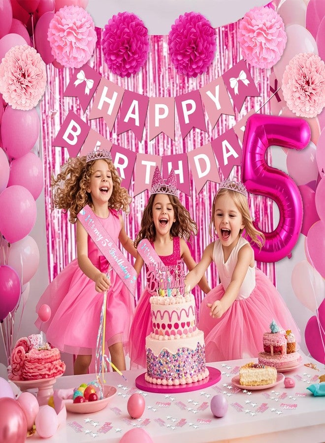Fantspati 5th Birthday Decorations Girl, Pink Party Decorations with Number 5 Balloon Happy Birthday Banner Bday Sash Crown Tablecloth Fringe Curtain Hanging Swirl for 5 Year Old Girl Bday Decor - Image 4