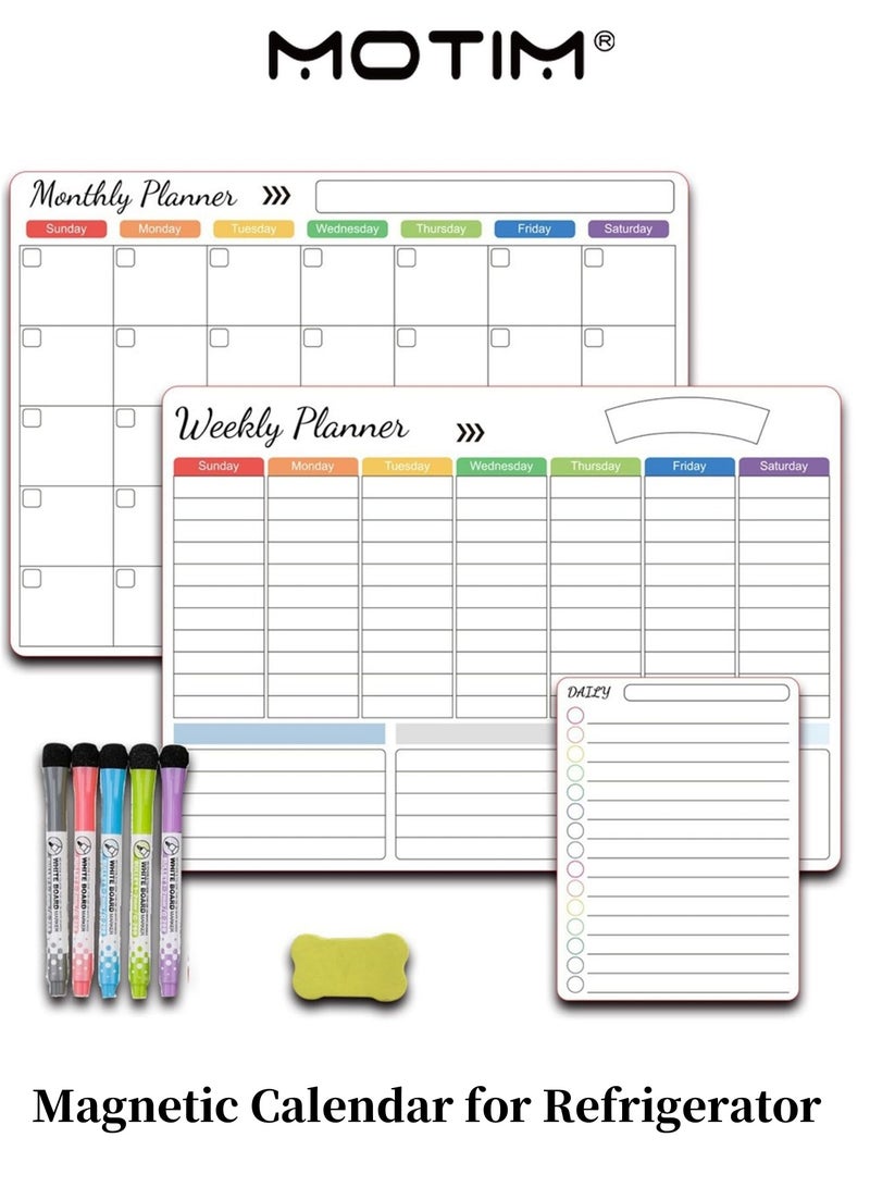 موتيم 3 عبوات تقويم مغناطيسي للثلاجة ، محو جاف ، ممحاة ، تقويم محو جاف ، سبورة بيضاء لجدار الثلاجة وتنظيم الثلاجة - شهريا ، أسبوعيا - Image 1