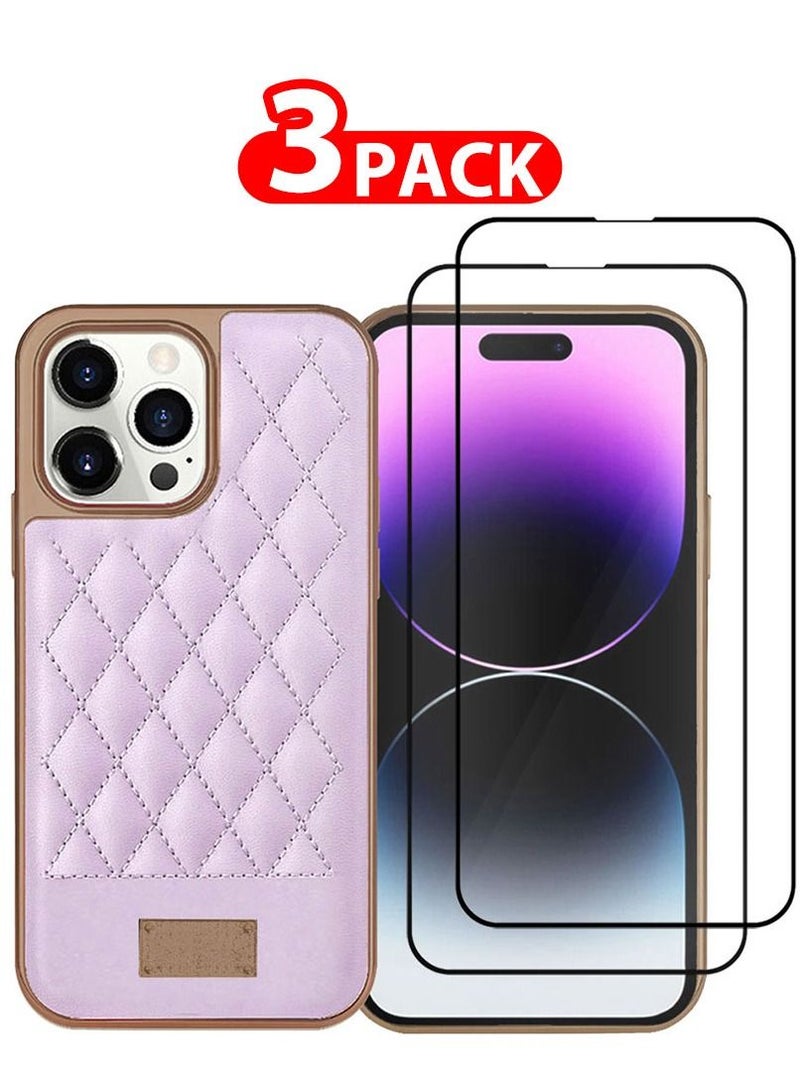 ONEGIF iPhone 13 Pro Max Luxury PU Leather Case and 2 Screen Protectors 3D Embroidery Series Heavy Duty Shockproof with Electroplating Frame Leather Girl Mobile Phone Case Purple - Image 1