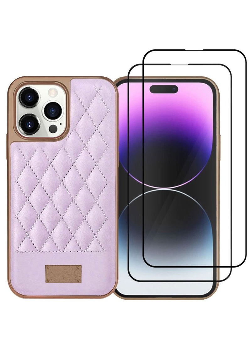 ONEGIF iPhone 13 Pro Max Luxury PU Leather Case and 2 Screen Protectors 3D Embroidery Series Heavy Duty Shockproof with Electroplating Frame Leather Girl Mobile Phone Case Purple - Image 2
