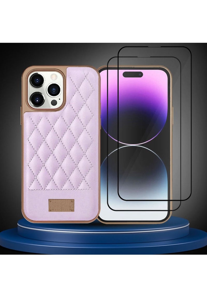 ONEGIF iPhone 13 Pro Max Luxury PU Leather Case and 2 Screen Protectors 3D Embroidery Series Heavy Duty Shockproof with Electroplating Frame Leather Girl Mobile Phone Case Purple - Image 3