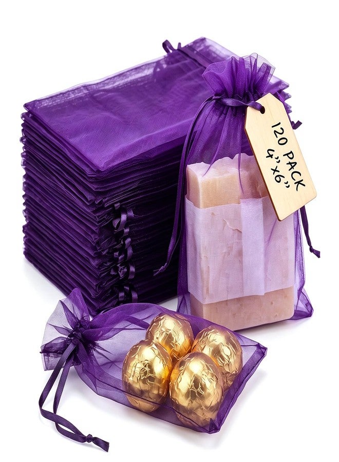 VGOODALL 120PCS Organza Bags, 4x6 Inch Mesh Bags Purple Drawstring Gift Pouches for Candy Jewelry Wedding Party Favors - Image 1
