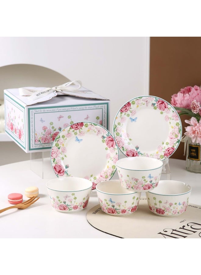 Six-piece rose ceramic bowl and plate set Nordic light luxury tableware set gift box - Image 1