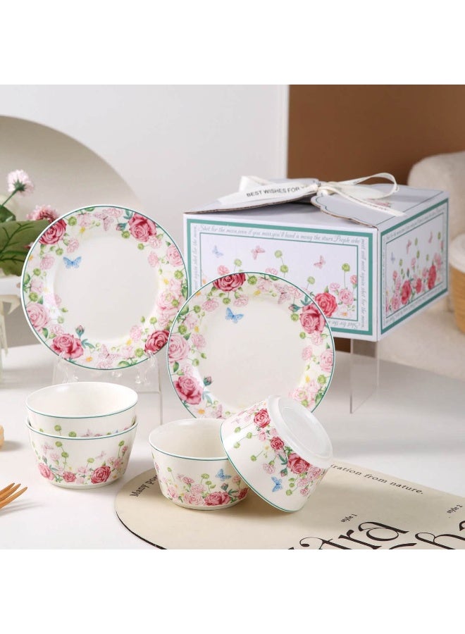 Six-piece rose ceramic bowl and plate set Nordic light luxury tableware set gift box - Image 4