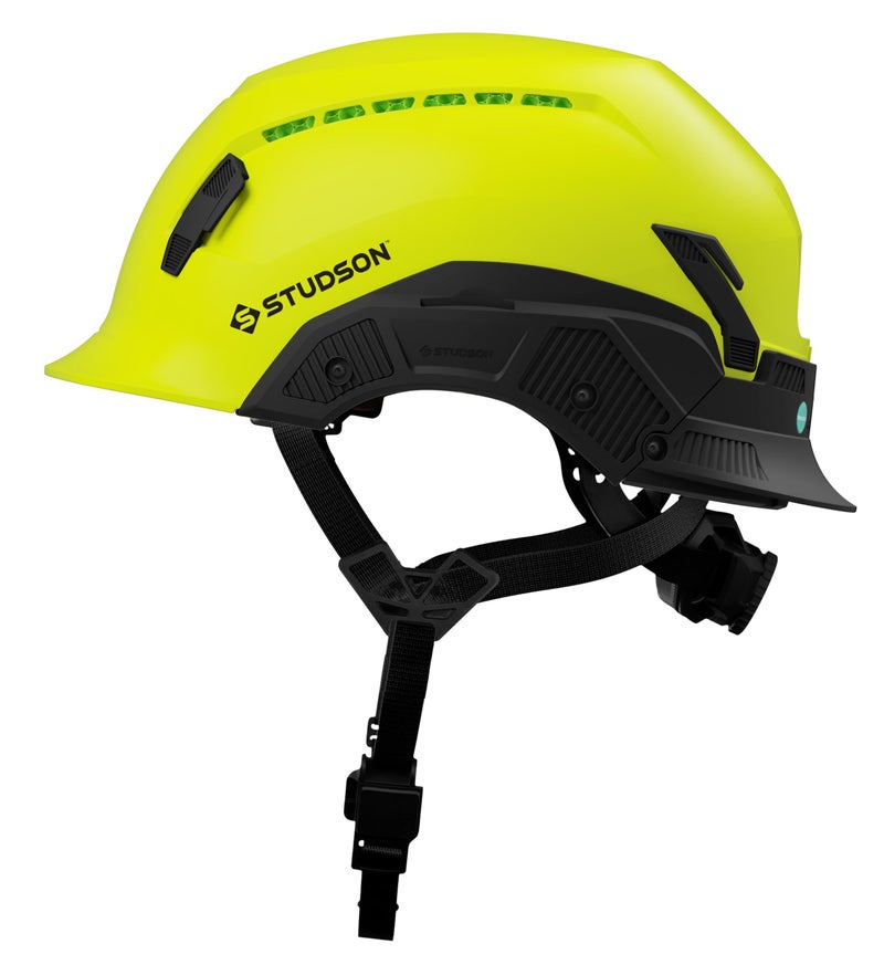 Studson SHK 1 Vented Safety Helmet - Ultralight, Brainshield, Modular Brim, Fidlock Buckle, 4 Point Strap, Breathable, Rainproof, 20KV Protection - Hi-Vis Yellow, M/L, 53-59cm - Image 2