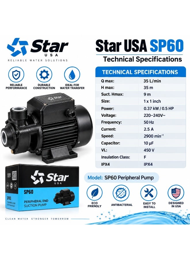 ستار مضخة مياه طرفية Star USA SP60 بقوة 0.5 حصان، تدفق 35 لتر/دقيقة، ارتفاع 35 متر، مقاس 1 × 1 بوصة - أسود - Image 4