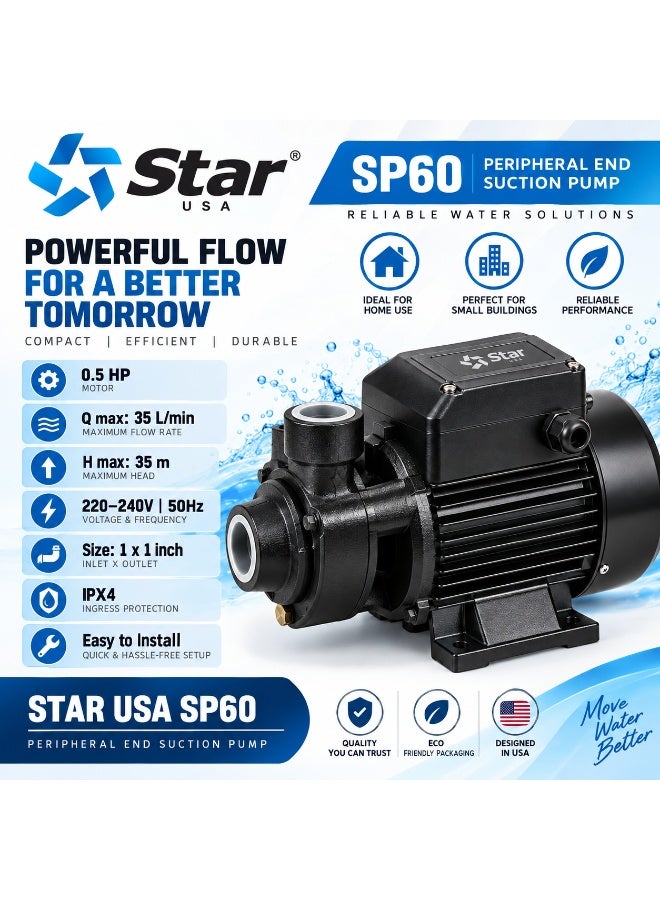 ستار مضخة مياه طرفية Star USA SP60 بقوة 0.5 حصان، تدفق 35 لتر/دقيقة، ارتفاع 35 متر، مقاس 1 × 1 بوصة - أسود - Image 3