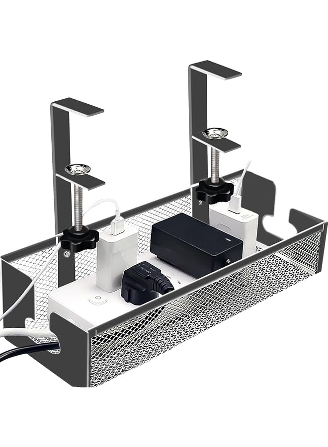PROMASS Under Desk Cable Management Tray, No Drill Under Table Wire Management Tray with Clamp, Sturdy Metal Cable Organizer Rack Basket, Cord Organizer Wire Holders for Office & Home Standing Desk(Black) - Image 1