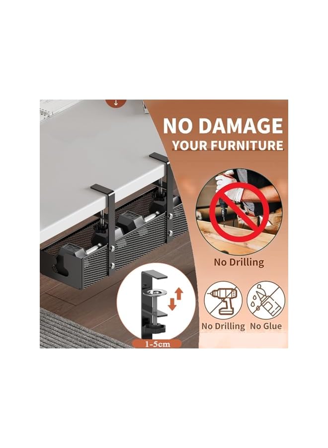 PROMASS Under Desk Cable Management Tray, No Drill Under Table Wire Management Tray with Clamp, Sturdy Metal Cable Organizer Rack Basket, Cord Organizer Wire Holders for Office & Home Standing Desk(Black) - Image 4
