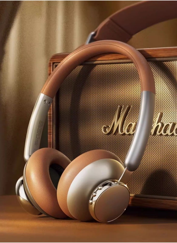 Vintage Bluetooth Headset With High Aesthetics And Noise Reduction, Mocha Brown 80 Hour Battery Life