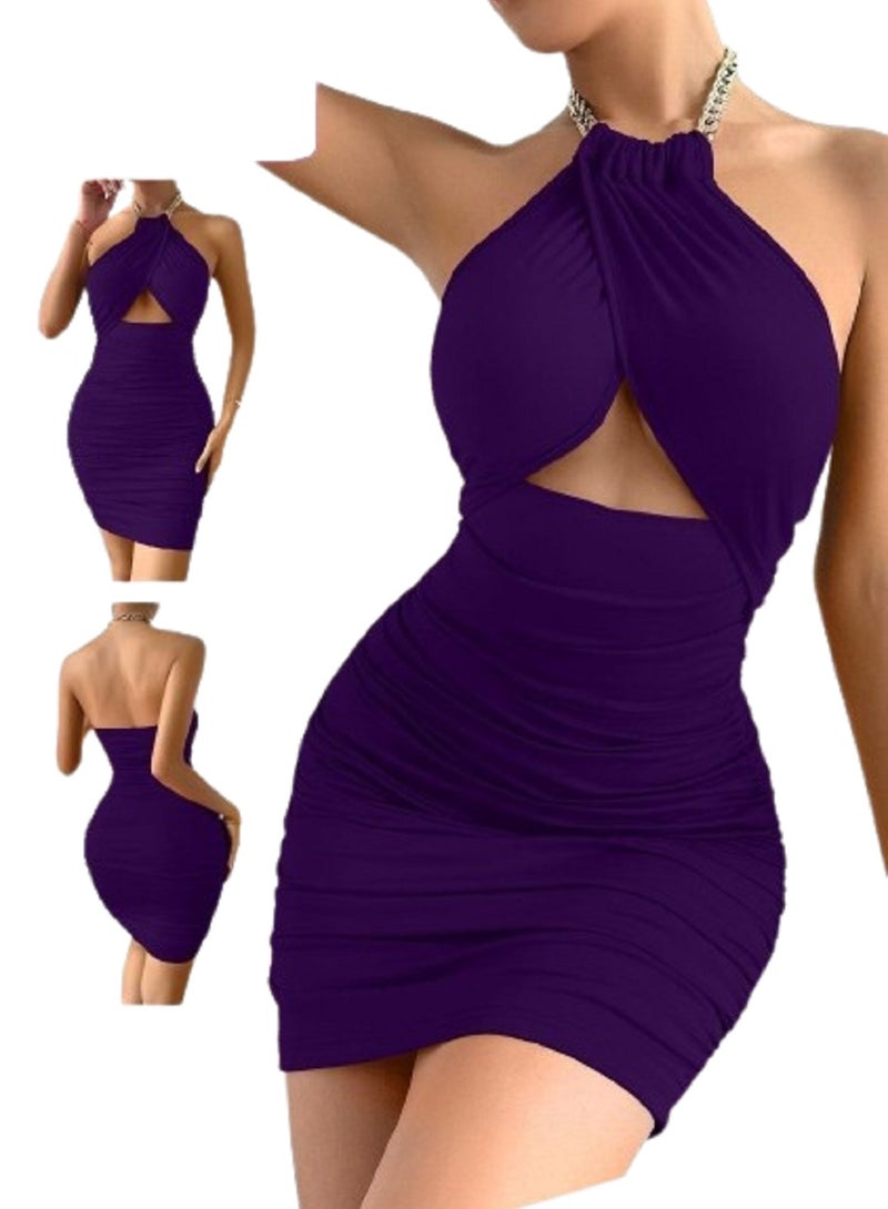 MANIKAN Chain Strap Cut Out Front Ruched Side Backless Halter Neck Bodycon Dress