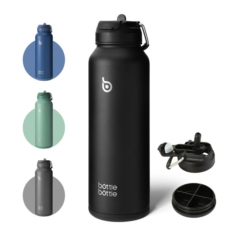 bottlebottle BOTTLE BOTTLE 40oz Insulated Water Bottle with Straw Sport Stainless Steel Water Bottle with Handle Lid Outdoor Sports Bottle for Pills (black) - Image 1