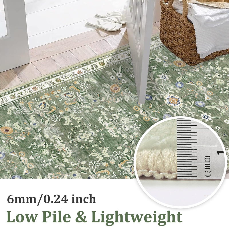 Yamaziot Washable Runner Rug 2x8 â€“ Non Slip Boho Floral Hallway Runner Rug with Rubber Backing, Low Pile Wool Distressed Carpet for Kitchen, Laundry, Bedroom, Entrance, Mottled Green - Image 3