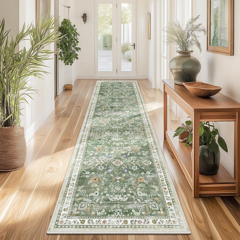 Yamaziot Washable Runner Rug 2x8 â€“ Non Slip Boho Floral Hallway Runner Rug with Rubber Backing, Low Pile Wool Distressed Carpet for Kitchen, Laundry, Bedroom, Entrance, Mottled Green - Image 1