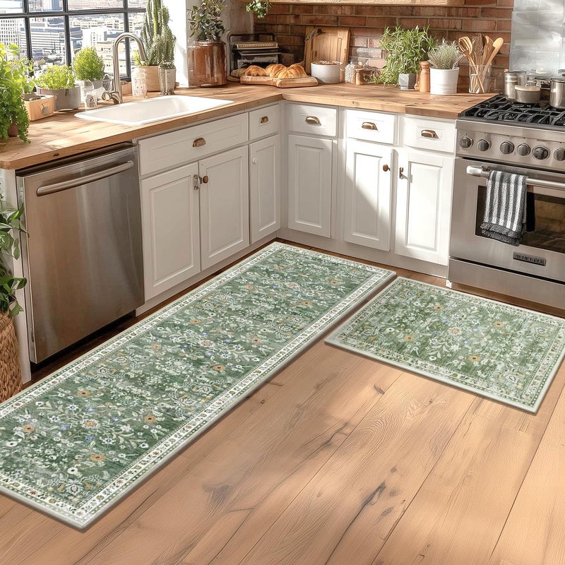 Yamaziot Washable Runner Rug 2x8 â€“ Non Slip Boho Floral Hallway Runner Rug with Rubber Backing, Low Pile Wool Distressed Carpet for Kitchen, Laundry, Bedroom, Entrance, Mottled Green - Image 2