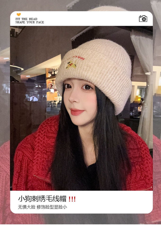 Winter Knit Hat Women Puppy Embroidery Ear Protection Slim Beanie - Image 2