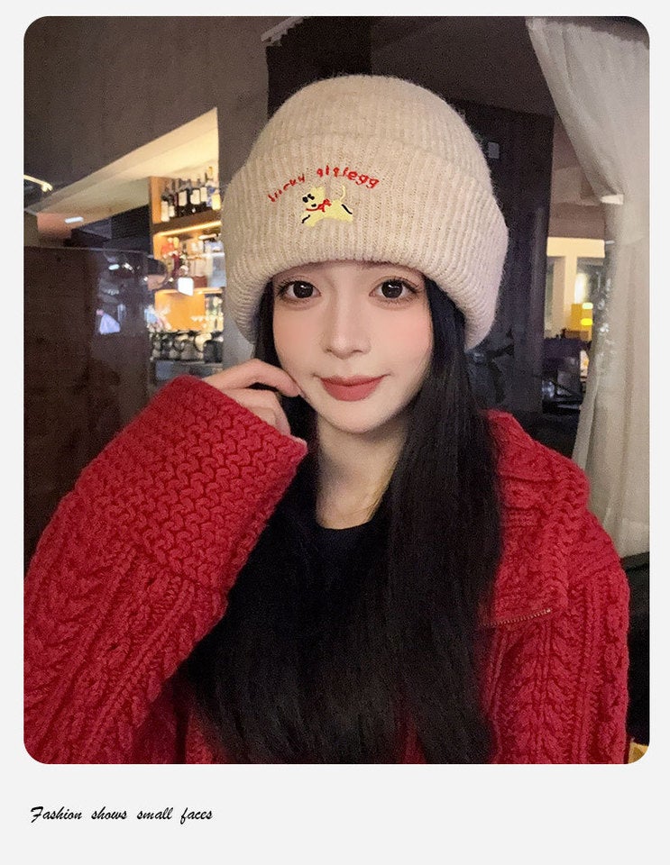 Winter Knit Hat Women Puppy Embroidery Ear Protection Slim Beanie - Image 3