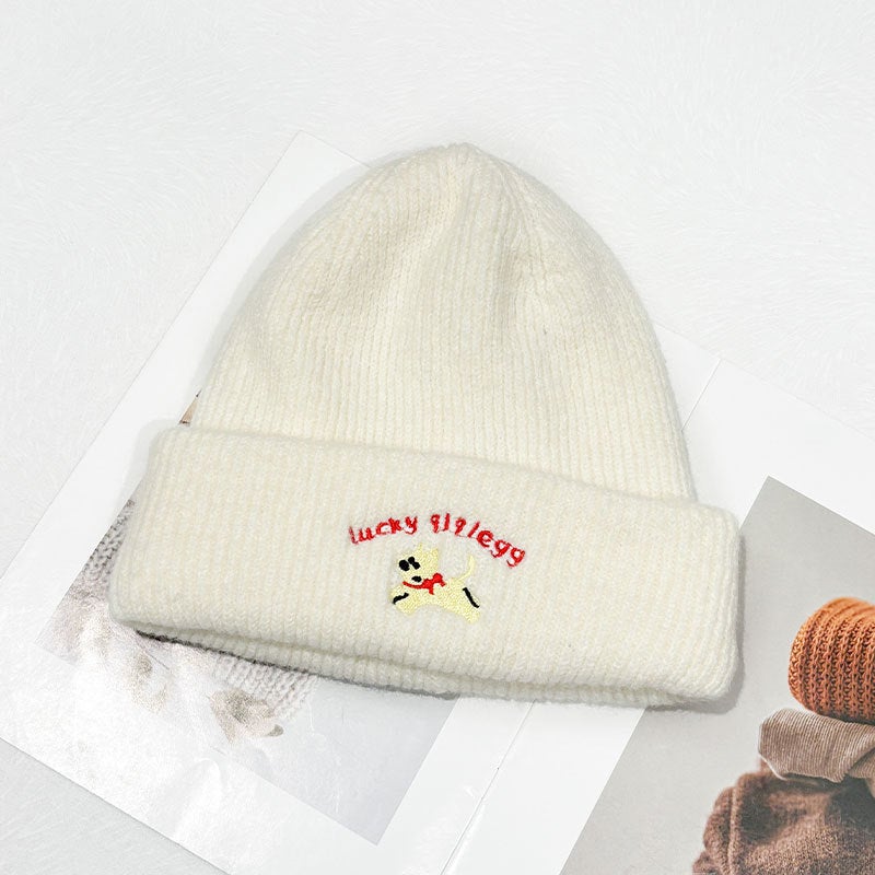 Winter Knit Hat Women Puppy Embroidery Ear Protection Slim Beanie - Image 1
