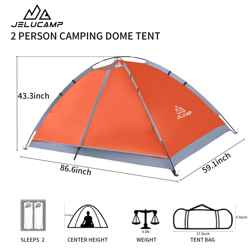 JELUCAMP 1/2 Person Dome Tents for Camping, Lightweight Portable Single Backpacking Tent, Small Easy Setup Outdoor Waterproof Camping Hiking Tent for Adults, 2 Person Tent, Orange - Image 2