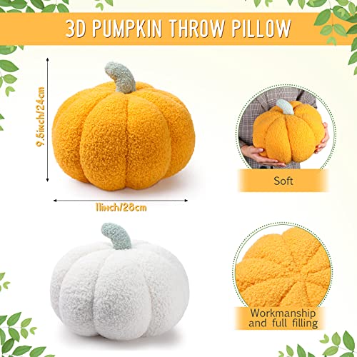 Kajaia 2 Pcs Simulated Pumpkin Plush Pillow 11 x 9.5 Inch 3D Cushion Fall Decorations Stuffed Throw Pillows Toy for Fall Halloween Thanksgiving Bedroom Sofa Couch Supplies (White,Yellow) - Image 2