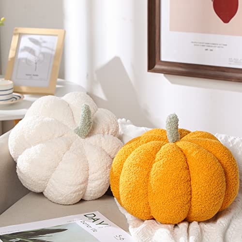 Kajaia 2 Pcs Simulated Pumpkin Plush Pillow 11 x 9.5 Inch 3D Cushion Fall Decorations Stuffed Throw Pillows Toy for Fall Halloween Thanksgiving Bedroom Sofa Couch Supplies (White,Yellow) - Image 1