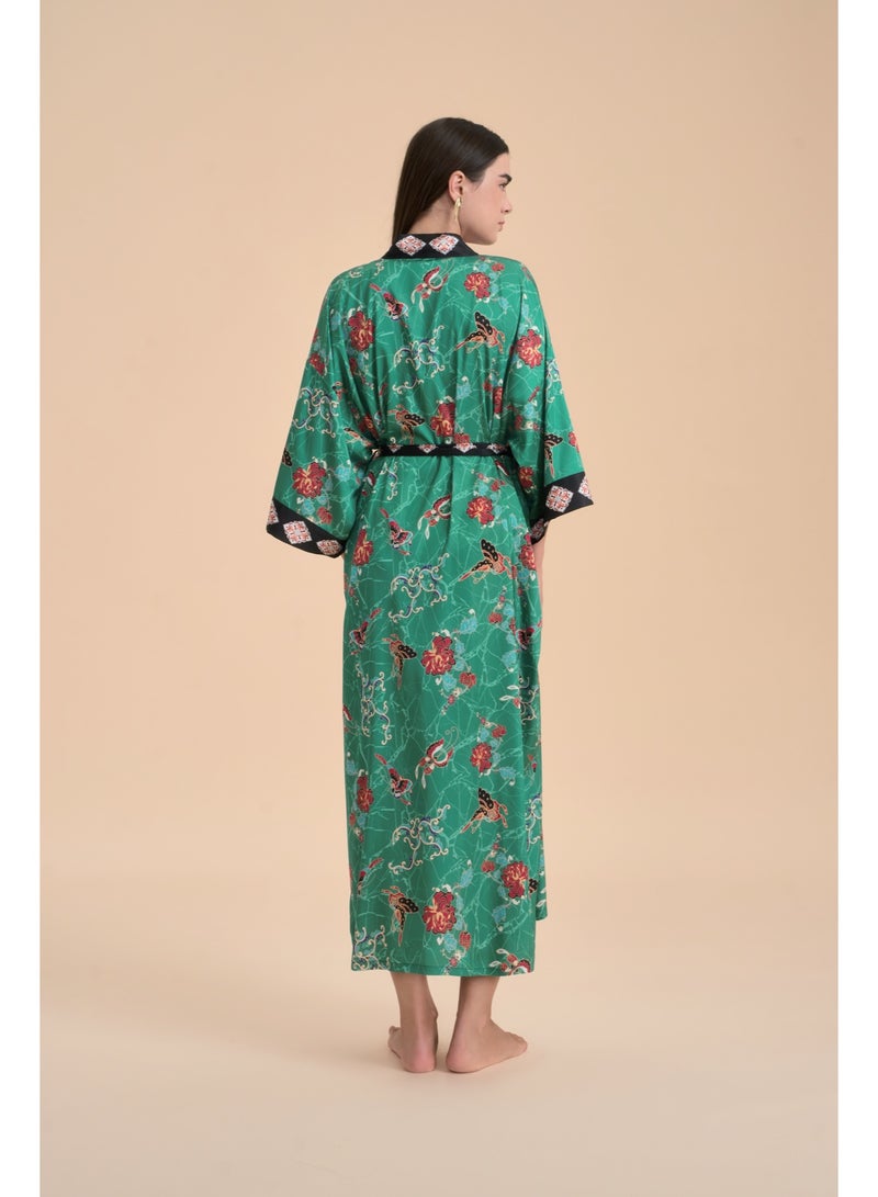 Closme Women's Luxury Oriental Butterfly Print Satin Kimono Robe, Boho Maxi Kaftan with Belt, Silky Loungewear Beach Cover Up, Modest Resort Wear for Bridal, Sleepwear - Image 2