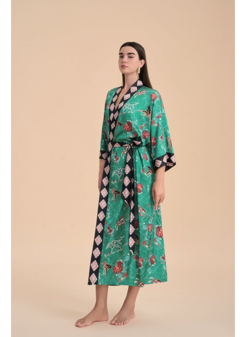 Closme Women's Luxury Oriental Butterfly Print Satin Kimono Robe, Boho Maxi Kaftan with Belt, Silky Loungewear Beach Cover Up, Modest Resort Wear for Bridal, Sleepwear - Image 1