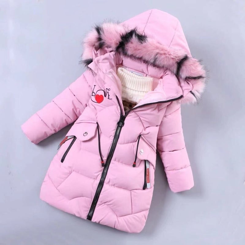 Winter New Girls Cotton-padded Clothes Korean Style Mid-length Thickened Letter Colorful Wool Collar Warm Cotton-padded Coat for Middle and Large Children Pink 