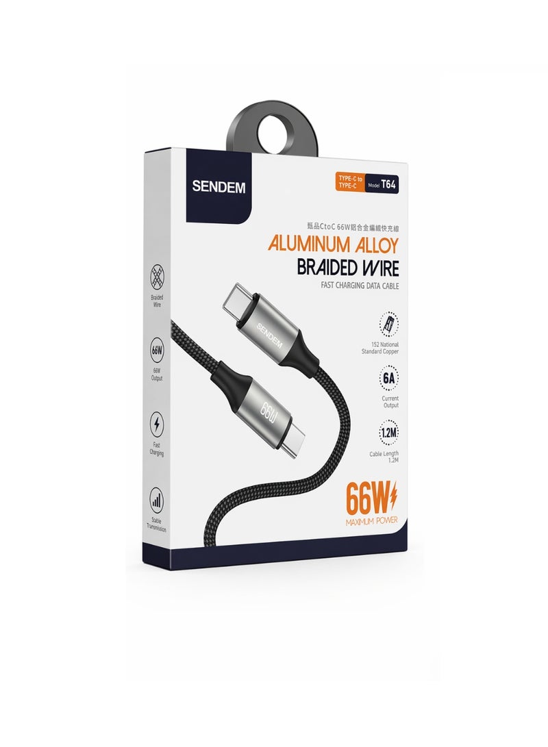 سيندم كابل سينديم 66 وات من النوع تايب سي إلى النوع تايب سي  مضفر - Image 1