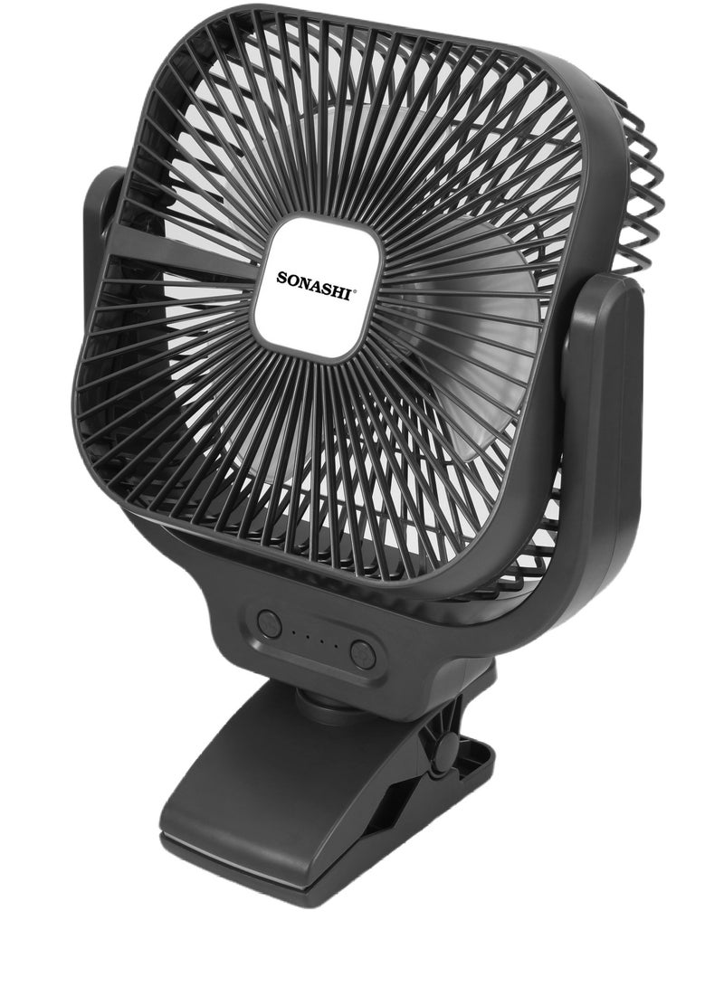 SONASHI 8 Inch Rechargeable Clip Fan with 12 Pcs Bright LED Light, with Type-C Charging Slot, LED Light Indicator with 3 Speed Settings, Continuous Working of 2-3Hrs High, 4-5Hrs Low, 9-10Hrs Low, Ideal for Office Tables, Car and Home SRF-805 Black - Image 1