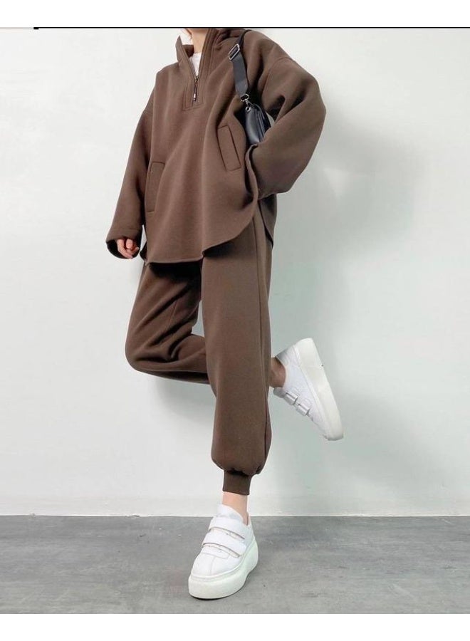 NIBEMINENT Women Autumn Tracksuit Two Pieces Set Sweatshirts Hoodies Zipper Pockets Solid Color Suit Trousers Sports Ladies Loose Outfits - Image 1