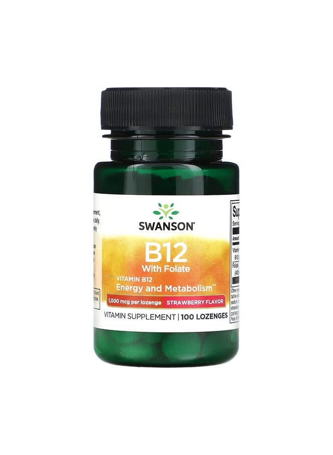SWANSON Vitamin B12 with Folate, Strawberry, 1,000 mcg, 100 Lozenges