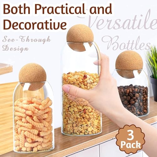 Mivana Storage Glass Jar With Ball Cork Lid,Tea Coffee Sugar Containers For Kitchen Storage Container With Lid For Tea Coffee & Sugar, Dry Fruit Jars, Storage Box, Set Of 3 (3, M-16),Transparent - Image 2