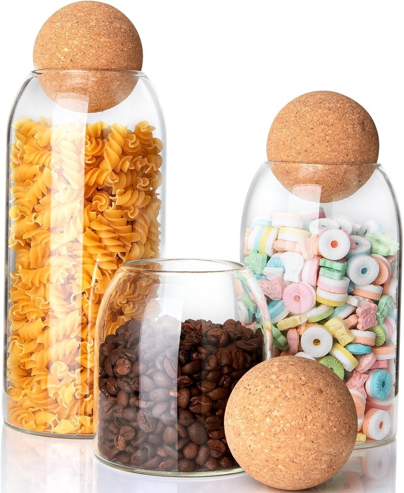 Mivana Storage Glass Jar With Ball Cork Lid,Tea Coffee Sugar Containers For Kitchen Storage Container With Lid For Tea Coffee & Sugar, Dry Fruit Jars, Storage Box, Set Of 3 (3, M-16),Transparent - Image 1