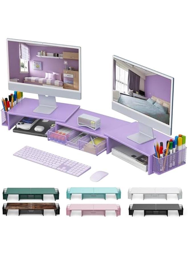 Arabest Dual Monitor Stand Riser, Desk Organizer With Drawer and 2 Pen Holders, Desk Organizers and Accessories, Purple Office Decor (Purple)  - Image 1