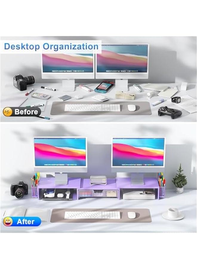 Arabest Dual Monitor Stand Riser, Desk Organizer With Drawer and 2 Pen Holders, Desk Organizers and Accessories, Purple Office Decor (Purple)  - Image 2