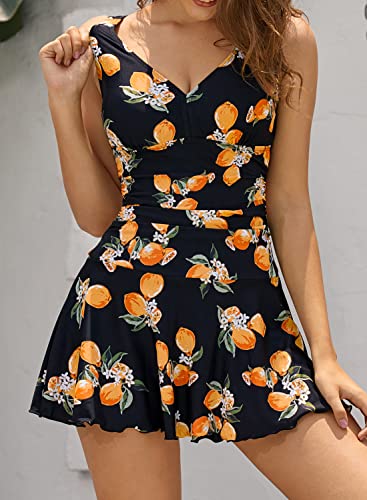 SHEKINI Women's V Neck One Piece Skirt Swimsuit Ruched Retro Swimdress Bathing Suit (Printing - Lemon, Small) - Image 3