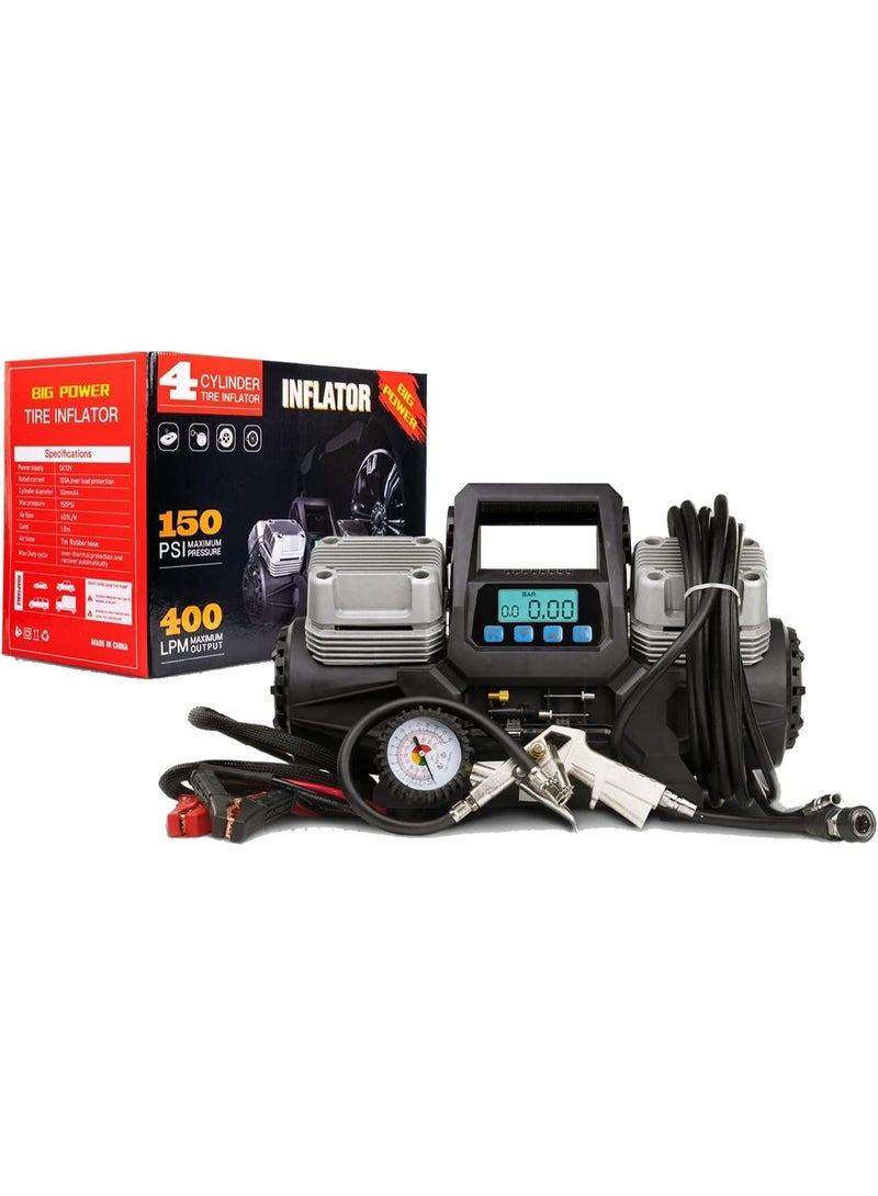 شيزا ستار منفاخ إطارات محمول بـ 4 أسطوانات، ضغط أقصى 150 PSI، تدفق هواء 400 لتر/دقيقة، يعمل بجهد 12 فولت تيار مستمر، مزود بشاشة رقمية وخرطوم هواء - Image 1